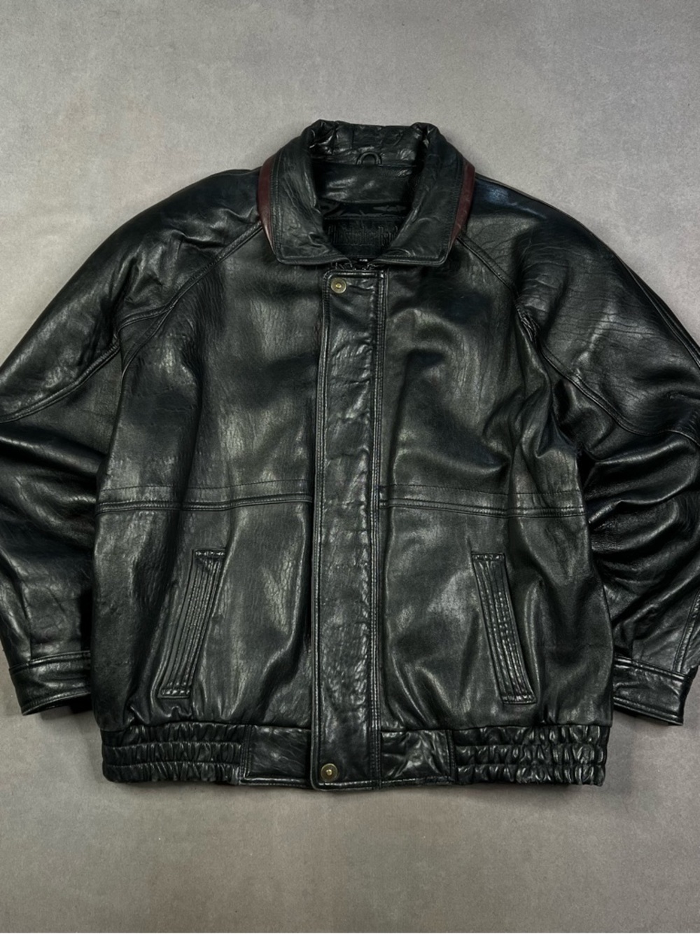 Vintage Black Leather Bomber Jacket with Dark Brown Trim